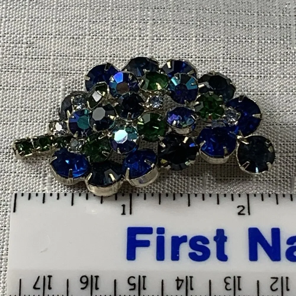 Vintage Brooch Blue Green Rhinestone Silver Tone 2” Jewelry Fashion Leaf Pin